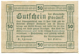 Банкнота 50 геллеров 1920 года Австрия  Пёндорф (нотгельд)