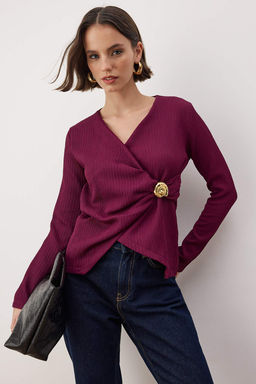 Bordo Aksesuar Detayl? Fitted/Vucuda Oturan Kruvaze Dokulu Orme Bluz TWOAW26BZ00310