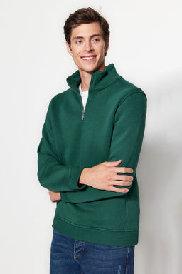 Yesil Regular/Normal Kesim Dik Yaka Fermuarl? Pamuklu Basic Ici Polarl? Sweatshirt TMNAW24SW00041
