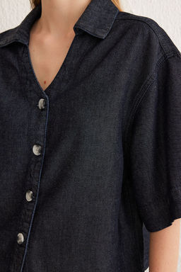 TRENDYOLMILLA Koyu Mavi %100 Tencel V Yaka Denim Gomlek TWOSS25GO00001  фото 4