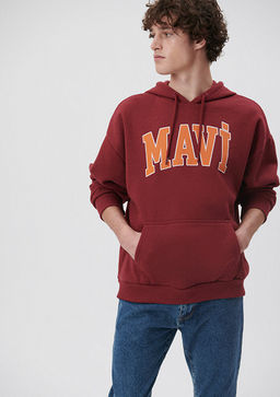 Mavi Logo Bask?l? Bordo Kapusonlu Sweatshirt