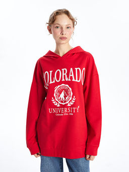 Kap??onlu Bask?l? Oversize Kad?n Kal?n Sweatshirt Tunik