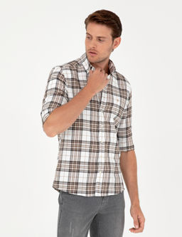 Kahverengi Ekose Slim Fit Uzun Kollu G_mlek