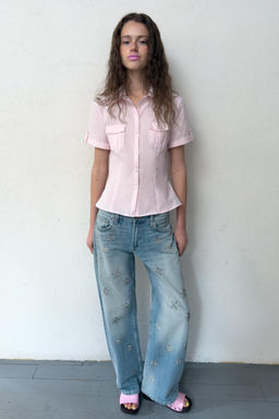 JEANS TRF WIDE LEG STRASS TIRO BAJO / Azul