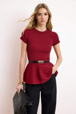 Bordo Dik Yaka Kemer Detayl? Fitted Triko Ince Bluz TWOSS26BZ00281 - Trendyolmilla фото 3