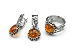 Кольцо Серьги с янтарем имитация размер 19