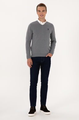 Erkek Slim Fit V Yaka Gri Melanj Basic Kazak