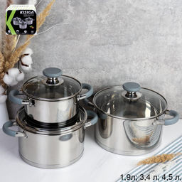 Кастрюля набор 6 предметов 1.9л, 3.4л, 4.5л Вертон / LB-S-1931B-6A /уп 1/ индукция/ ручки с силиконом/ цветная коробка/ KISIGA