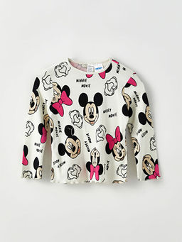 Bisiklet Yaka Uzun Kollu Minnie Mouse Bask?l? K?z Bebek Ti??rt