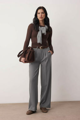 Gri Kemersiz Wideleg Genis Paca Dokuma Pantolon TWOAW26PL00160