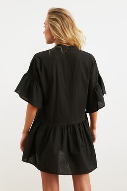 TRENDYOLMILLA Siyah Dokuma Flaml? Pamuk Genis Kal?p Mini Plaj Elbisesi TBESS20EL0873  фото 10