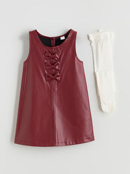 Fiyonk Detayl? Deri G?r?n?ml? K?z ?ocuk Elbise ve K?lotlu ?orap