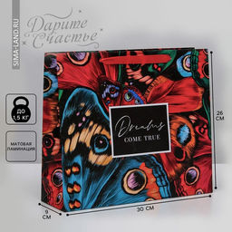 Пакет подарочный ламинированный, упаковка, Dreams come true, M 26 х 30 х 9 см