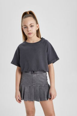 K?z Cocuk Bisiklet Yaka S?rt Bask?l? K?sa Kollu Tisort