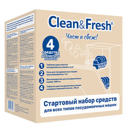 Стартовый набор для ПММ Clean&Fresh. 4 позции: Таблетки в водорастворимой пленке 30шт; Соль 1 кг, Очиститель 6 табл; Ополаскиватель 500 мл.