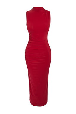 K?rm?z? Duz Buzgulu Maxi S?f?r Kol Drapeli Bodycone/Vucuda Oturan Esnek Orme Elbise TWOSS24EL00101