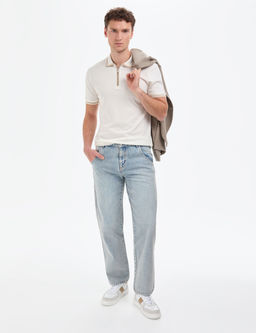 Ekru Slim Fit %100 Pamuk Fermuarl_ Polo Yaka Ti__rt