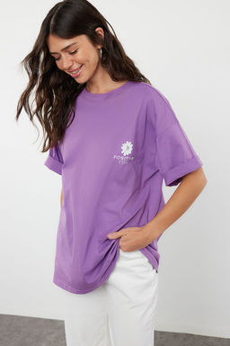 TRENDYOLMILLA Lacivert %100 Pamuk S?rt Bask?l? Oversize/Genis Kal?p Bisiklet Yaka Orme T-Shirt TWOSS23TS00321  фото 25