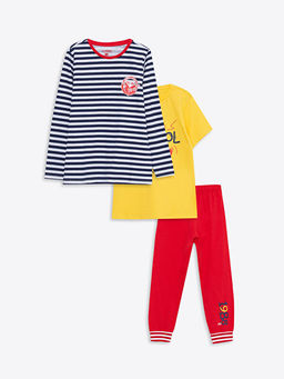 Bisiklet Yaka Bask?l? Erkek ?ocuk Pijama Tak?m? 3l?