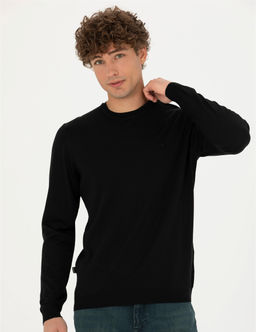 Siyah Slim Fit Bisiklet Yaka Y_n Kar___ml_ Basic Triko Kazak