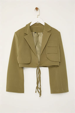 Limited Edition Ac?k Haki Crop Astarl? Kruvaze Dokuma Blazer Ceket TWOAW23BC00076