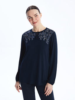 Ba?lamal? Yaka ?i?ekli Uzun Kollu Kad?n Bluz