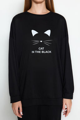 Trendyolmilla Siyah-Beyaz %100 Pamuklu Bask?l? Orme Pijama Tak?m? THMAW22PT0611  фото 4
