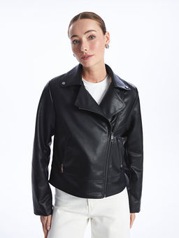 Kad?n Biker Yaka D?z Deri G?r?n?ml? Mont