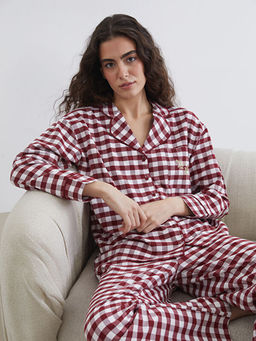 G?mlek Yaka Ekose Kad?n Pijama Tak?m?