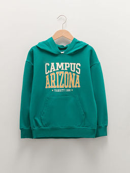 Kap??onlu Bask?l? Uzun Kollu K?z ?ocuk Sweatshirt