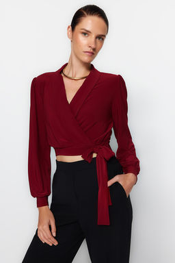 Bordo Kruvaze Kapamal? Crop Esnek Orme Bluz TWOAW24BZ00071