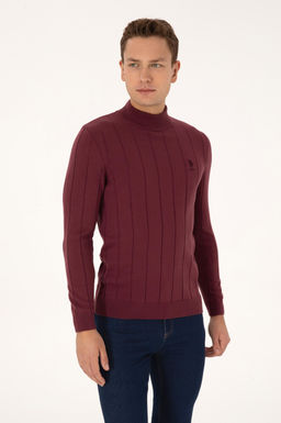 Erkek Slim Fit Yar_m Bal_k__ Yaka Bordo Kazak