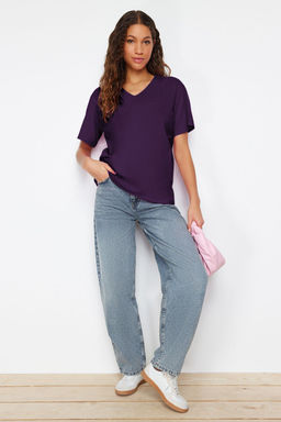 Mor %100 Pamuk Oversize/Genis Kal?p V Yaka Orme T-Shirt TWOSS23TS00003