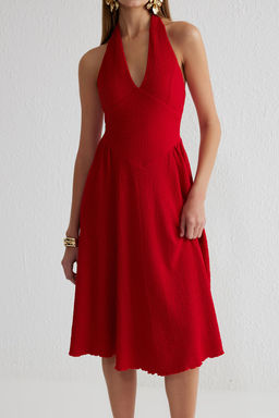 TRENDYOLMILLA Kahverengi A-Kesim V Yaka Dokuma Detayl? Burumcuk Orme S?k Elbise TPRSS25EL00086 фото 8