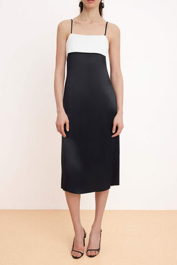 Siyah-Beyaz Renk Bloklu Saten Midi Dokuma Elbise TWOSS26EL00325 - Trendyolmilla фото 3