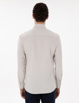 Bej Slim Fit _izgili Uzun Kollu G_mlek