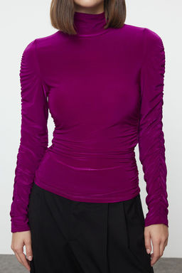 Mor Buzgu/Drape Detayl? Bal?kc? Yaka Fitted/Vucuda Oturan Orme Bluz TWOAW25BZ00174