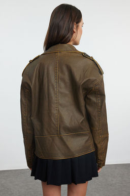 Kahverengi Oversize Kal?p Y?kama Efekctli Suni Deri Biker Ince Ceket Mont TWOAW25MO00010 - Trendyolmilla фото 6