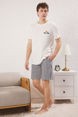 TRENDYOL MAN Mavi Ekru Cizgili Regular Fit Couple/Cift Orme Sortlu %100 Pamuklu Pijama Tak?m? TMNSS24PT00017 - Trendyolmilla фото 23