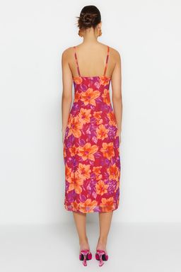 Pembe Cicek Desenli Y?rtmac Detayl? Astarl? Tul Ask?l? Belden Ac?lan Midi Elbise TWOSS23EL01453 - Trendyolmilla фото 6