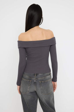 Teen Antrasit Fitted/Vucuda oturan Carmen Yaka Dugmeli Fitilli Esnek Orme Bluz TWOAW26BZ00076