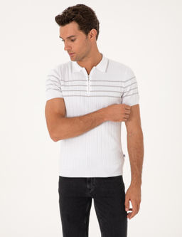 Beyaz Slim Fit %100 Pamuk Fermuarl_ Polo Yaka Triko T-shirt - Cacharel фото 3