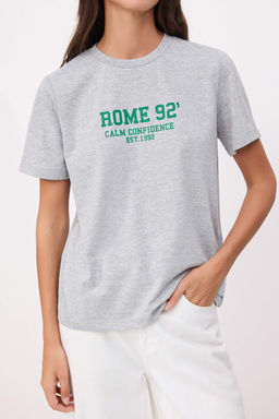 Gri Melanj Slogan Regular/Normal Kal?p K?sa Kollu Pamuklu Orme T-Shirt TWOSS26TS00161