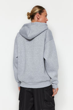 Gri Melanj Kal?n Ici Polarl? Oversize/Genis Kal?p Kapusonlu Basic Orme Sweatshirt TWOAW24SW00103