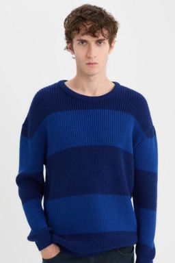 Oversize Genis Kal?p Bisiklet Yaka Cizgili Triko Kazak