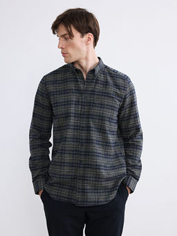 Regular Fit Y?n Kar???ml? Gabardin Erkek Ekose G?mlek