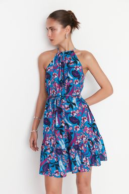 Mavi Cicekli Halter Yaka A Kesim Baglama Detayl? Mini Dokuma Elbise TWOSS22EL00666