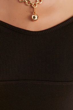 Trendyolmilla Kahverengi Dikis Detayl? Fitted/Vucuda Oturan Crop Fitilli Esnek Orme Bluz TWOAW22BZ0530
