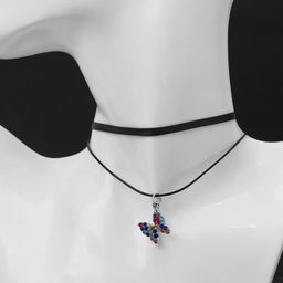 Чокер Двойной с нитью, бабочка, цветной в серебре, L=36см