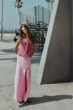 FALDA MIDI CON LINO RAYAS / Rosa / Blanco